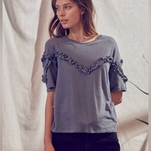 Storia Cotton Ruffle Top in Dusty Blue - Size S